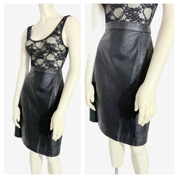 Vintage Black Leather Skirt / size 26 inch waist/ size Small - Picture 4 of 9